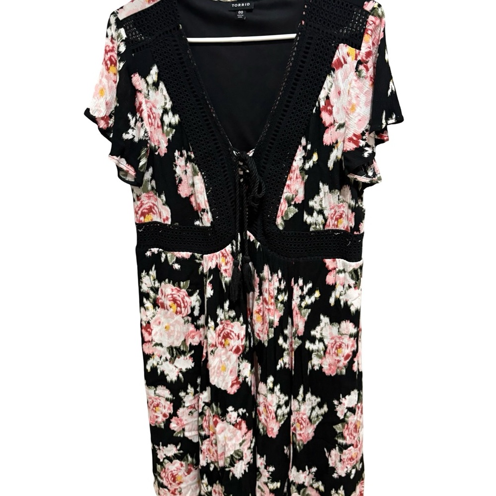 torrid Black Dress with Pink Rose Floral Print and Crochet Trim